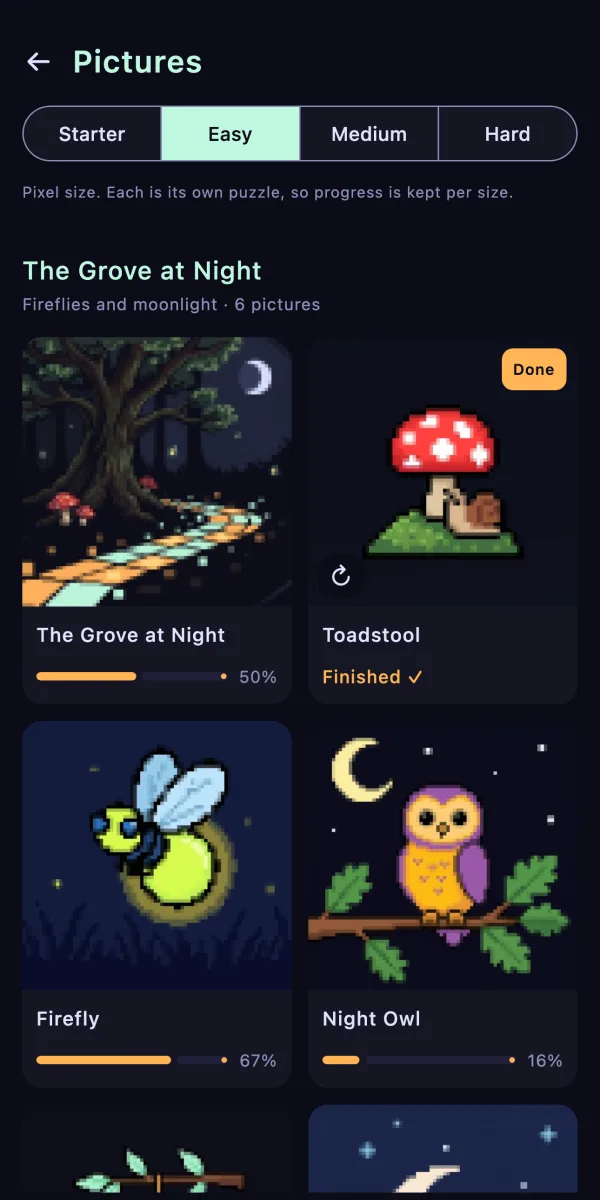 The Pixel Grove gallery on a phone: the pack The Grove at Night with pixelated thumbnails of a forest, a toadstool, a firefly and an owl, each showing how much is colored